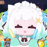 a girl in a maid outfit is holding two ice creams in her hands and a new icon is above her