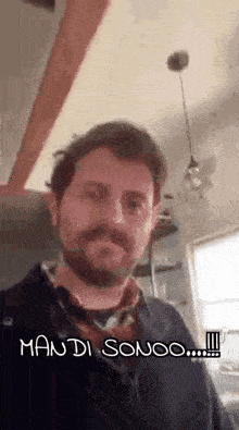 a man with a beard and mustache is standing in a kitchen with a ceiling fan .