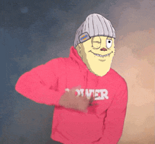 a cartoon character is wearing a red hoodie that says oliver