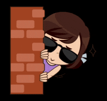 a cartoon of a girl wearing sunglasses peeking over a brick wall