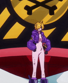 a cartoon character in a purple jacket is standing in front of a yellow circle with crossbones on it
