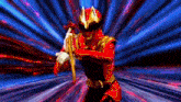 a red power ranger is holding a sword in front of a blue background