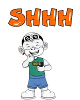 a cartoon character with the word shhh on the bottom
