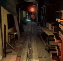 a painting of a dark hallway with drawers and a table