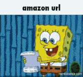 a cartoon of spongebob reading a list with the words amazon url below him