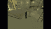 a man in a blue shirt is jumping from a building