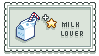 a pixel art postage stamp with a carton of milk and two stars on it .