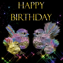 a happy birthday card with two birds on a black background