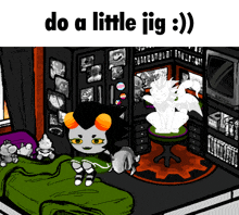 a cartoon character is laying on a bed with the words do a little jig below her