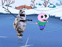 a cartoon character is ice skating next to a snowman with big eyes
