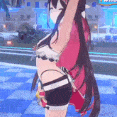 a girl in a bikini is standing on a checkered floor with her arms in the air .