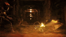 a man in a space suit is standing in a dark tunnel with a torch .