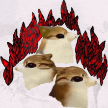 a drawing of a dog 's head with red flames around it
