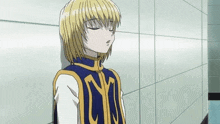 a blonde anime character is leaning against a wall with his eyes closed .