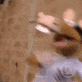a stuffed animal is standing in front of a brick wall and dancing .