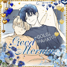 a greeting card that says " good morning " with two boys hugging