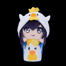 a stuffed animal with purple hair and a white duck hat