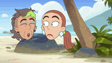 a couple of cartoon characters standing next to each other on the beach