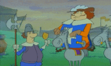 a cartoon of a man riding a horse talking to another man