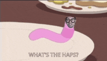 a cartoon worm wearing glasses is on a plate