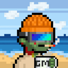 a pixel art of a man holding a cup with the word gme on it