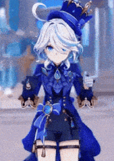 a girl with white hair and blue eyes is wearing a blue top hat and a blue dress .