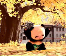 baby panda bear jump in the air throwing leaves playing outside autumn abscission