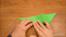 a person is holding a piece of green paper on a wooden table and the words made in animotica are visible