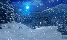 it is a snowy night in the mountains with a full moon in the background .