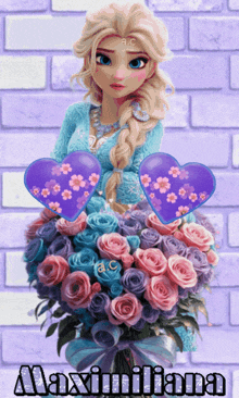 a cartoon of a girl holding a bouquet of flowers with the name maximiliana