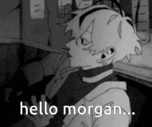 a black and white drawing of a boy with the words `` hello morgan '' written on the bottom .