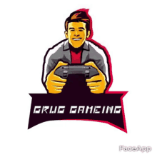 a logo for brug gaming with a man holding a controller