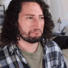 a man with long curly hair and a beard wearing a plaid shirt