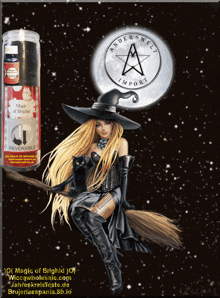 a witch is sitting on a broom with a candle that says magic of bright