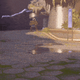 a video game scene with a purple sign that says ' n ' on it