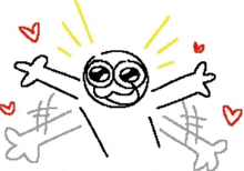 a drawing of a skull and crossbones with a smiley face and hearts around it .