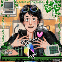 a cartoon of a man holding a cell phone with the words my love on it