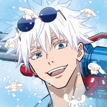 a drawing of a boy with sunglasses and cinnamoroll rabbits