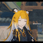 a girl with yellow hair and a badge that says user-vora on it