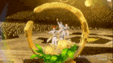 a group of people are standing in front of a gold ring that says crazy b on it