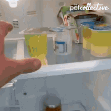 a person is opening a jar of jam in a refrigerator with the petcollective written on the side