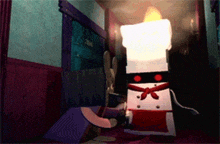 a cartoon character is standing in a hallway with a candle in his hand