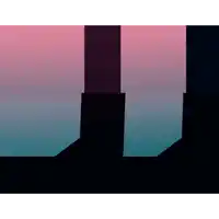 a painting of a pink and blue sky with a black pillar in the foreground