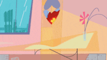 a cartoon drawing of a red flower sitting on a table in front of a window