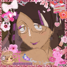 a picture of a girl surrounded by pink flowers and a picmix sticker