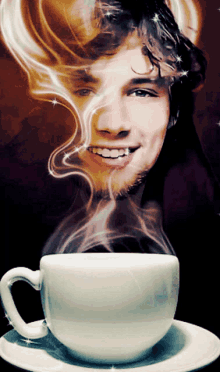 a cup of coffee with steam coming out of it and a man behind it