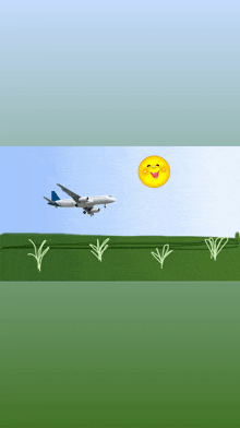 a plane is flying over a grassy field with a smiling sun behind it