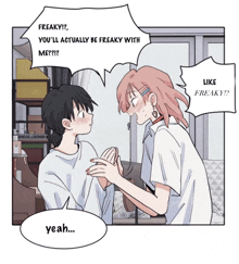a man and a woman are standing next to each other and one of them is saying freaky