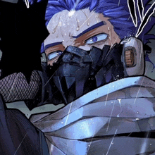 a drawing of a man with purple hair and a mask on