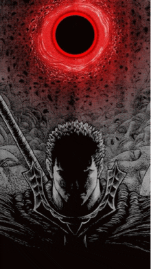a black and white drawing of a man with a sword and a red light behind him